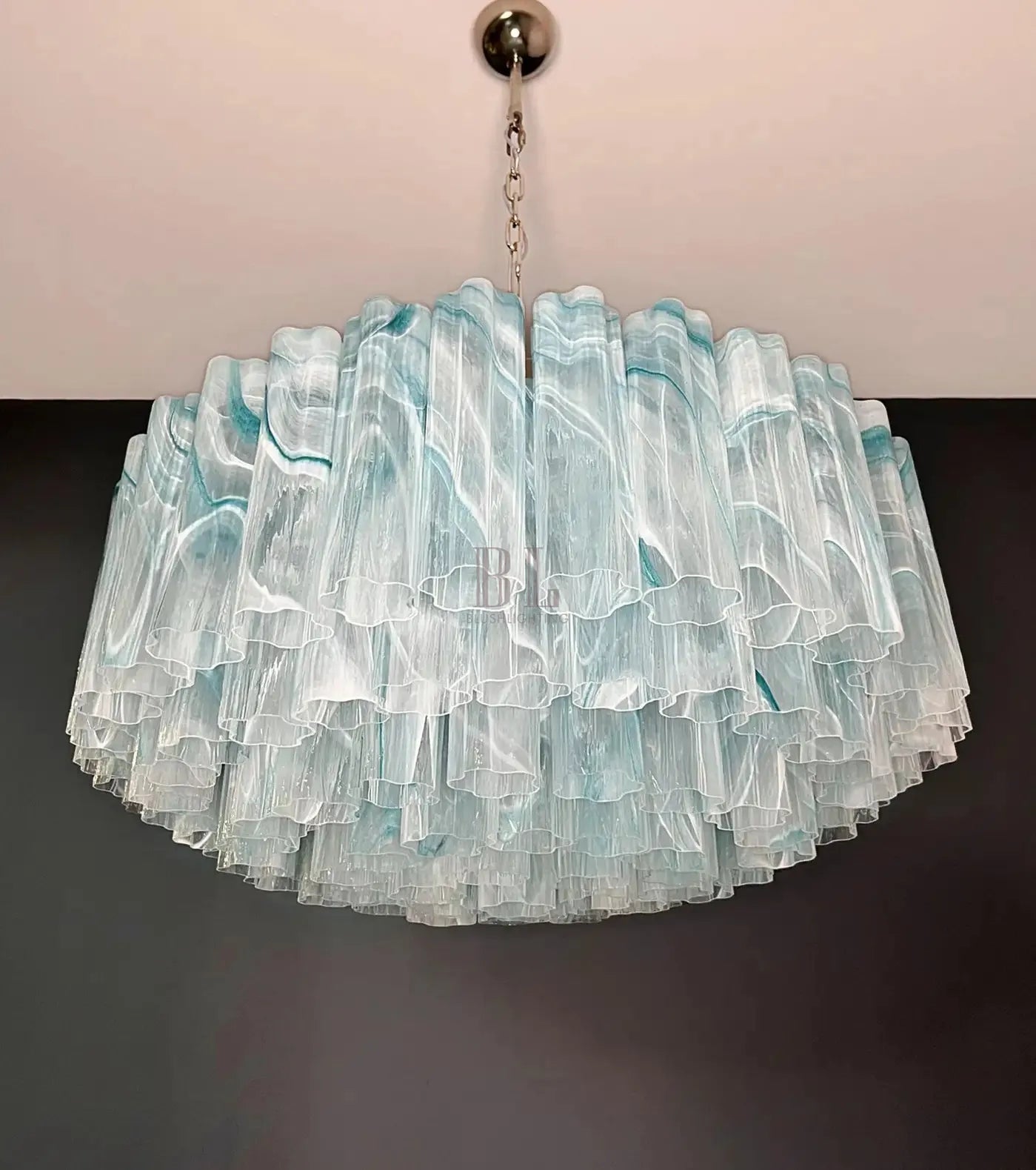 Large Murano glass Chandelier - 101 blue alabaster glass tube - Cyran Lamps