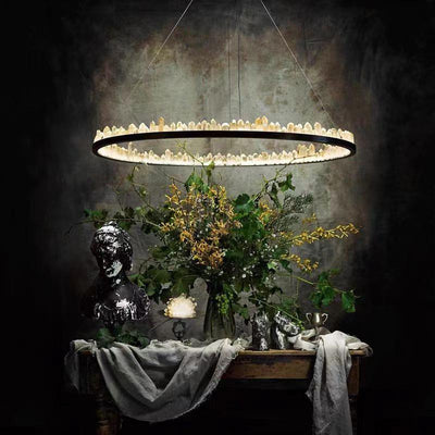 Modern Style Rings Brass & Natural Quartz Crystal Chandelier in Brass/Black Finish - 1 Tier / D23.6" * H4"BrassWarm LightCyranlamps