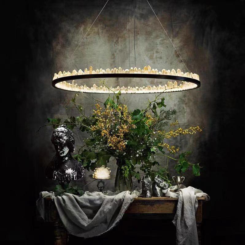 Modern Style Rings Brass & Natural Quartz Crystal Chandelier in Brass/Black Finish - 1 Tier / D23.6" * H4"BrassWarm LightCyranlamps