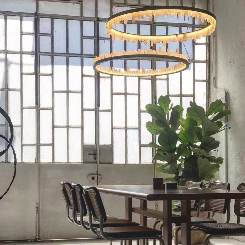 Modern Style Rings Brass & Natural Quartz Crystal Chandelier in Brass/Black Finish - 1 Tier / D23.6" * H4"BrassWarm LightCyranlamps