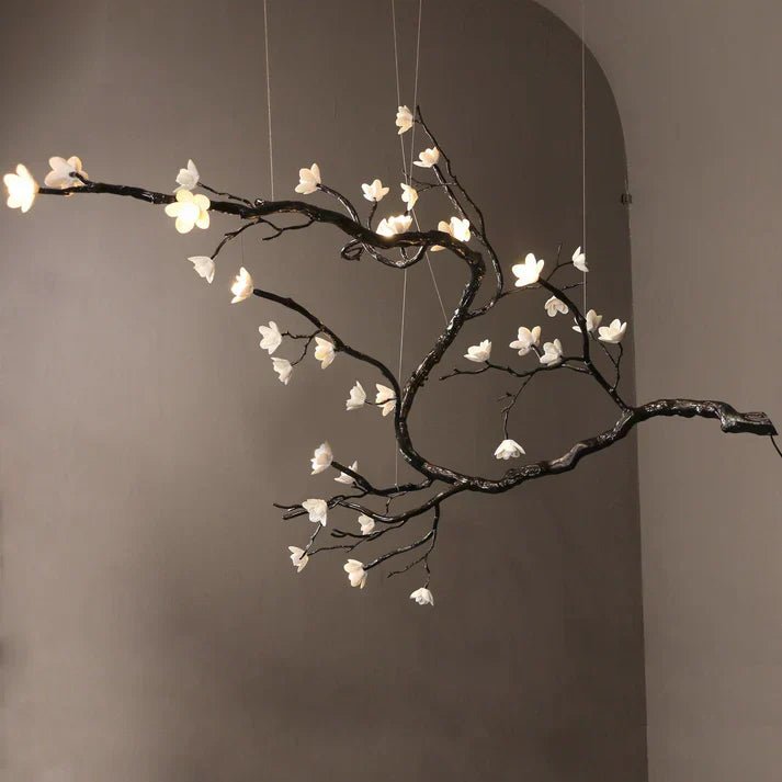 Noir Magnolia Branch & Porcelain Bloom Chandelier - Cyran Lamps