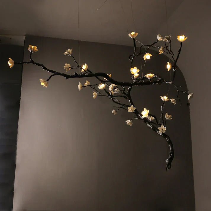 Noir Magnolia Branch & Porcelain Bloom Chandelier - Cyran Lamps