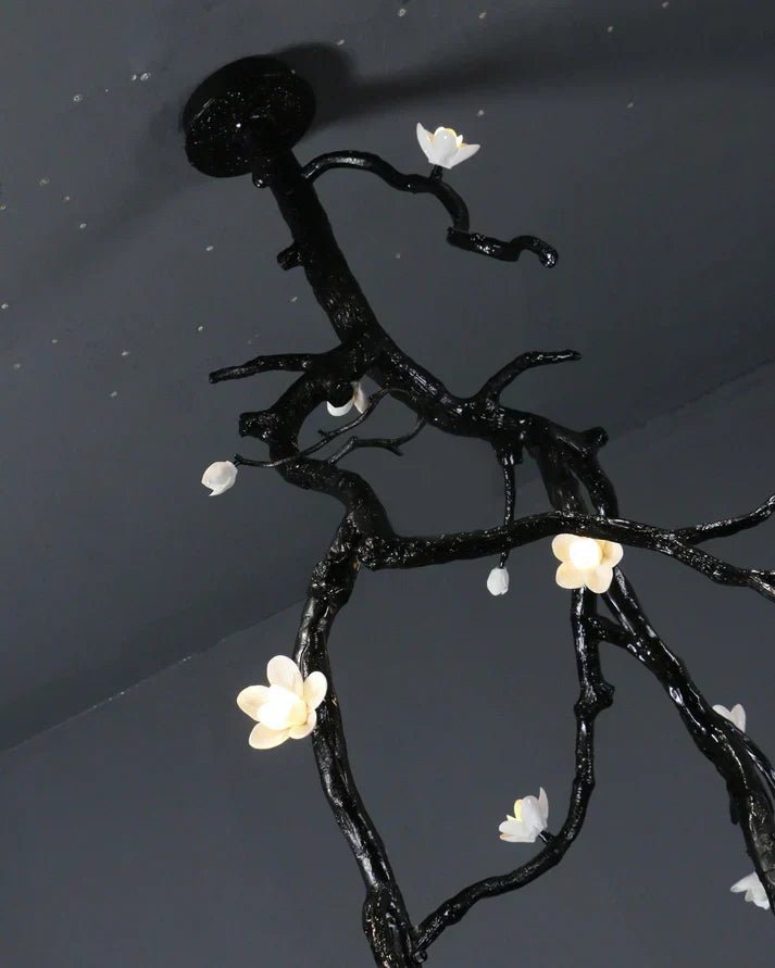 Noir Twisted Branch & Porcelain Bloom Candelabrum Chandelier - Cyran Lamps