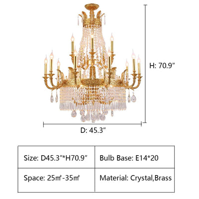 Stunning Oversized Luxury Golden Metal Candle Crystal Tassel Chandelier For High - ceiling Staircase/Entryway/Living/Meeting Room - 3 Layers: D 45.3" * H 70.9"Warm LightCyranlamps
