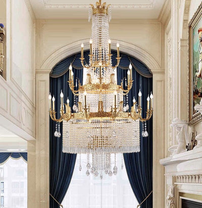 Stunning Oversized Luxury Golden Metal Candle Crystal Tassel Chandelier For High - ceiling Staircase/Entryway/Living/Meeting Room - 1 Layer: D 39.4"*H 39.4"Warm LightCyranlamps