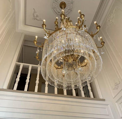 Stunning Oversized Luxury Golden Metal Candle Crystal Tassel Chandelier For High - ceiling Staircase/Entryway/Living/Meeting Room - 1 Layer: D 39.4"*H 39.4"Warm LightCyranlamps