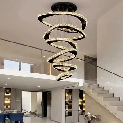 Twisted Ring Led Light Chandelier for High Ceiling - BlackWarm Light 3000KCyranlamps