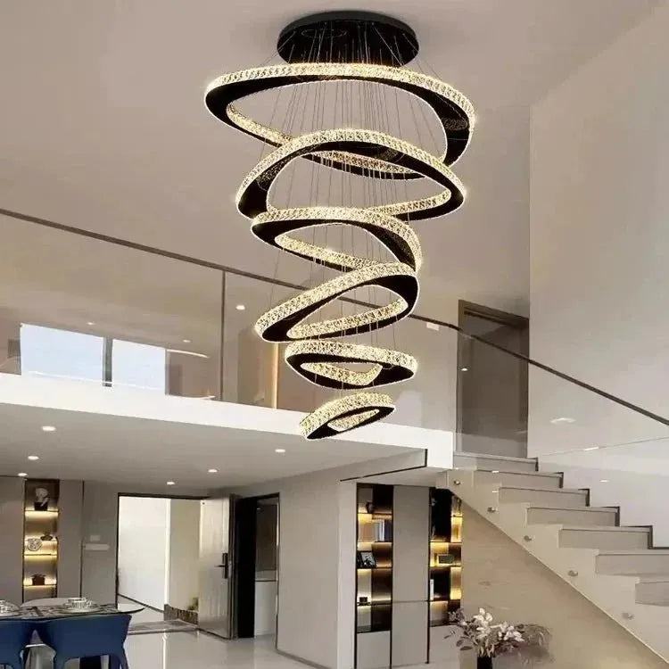Twisted Ring Led Light Chandelier for High Ceiling - BlackWarm Light 3000KCyranlamps