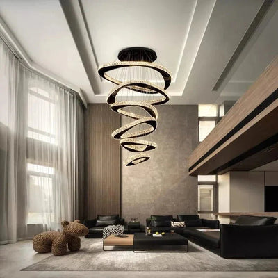 Twisted Ring Led Light Chandelier for High Ceiling - BlackWarm Light 3000KCyranlamps