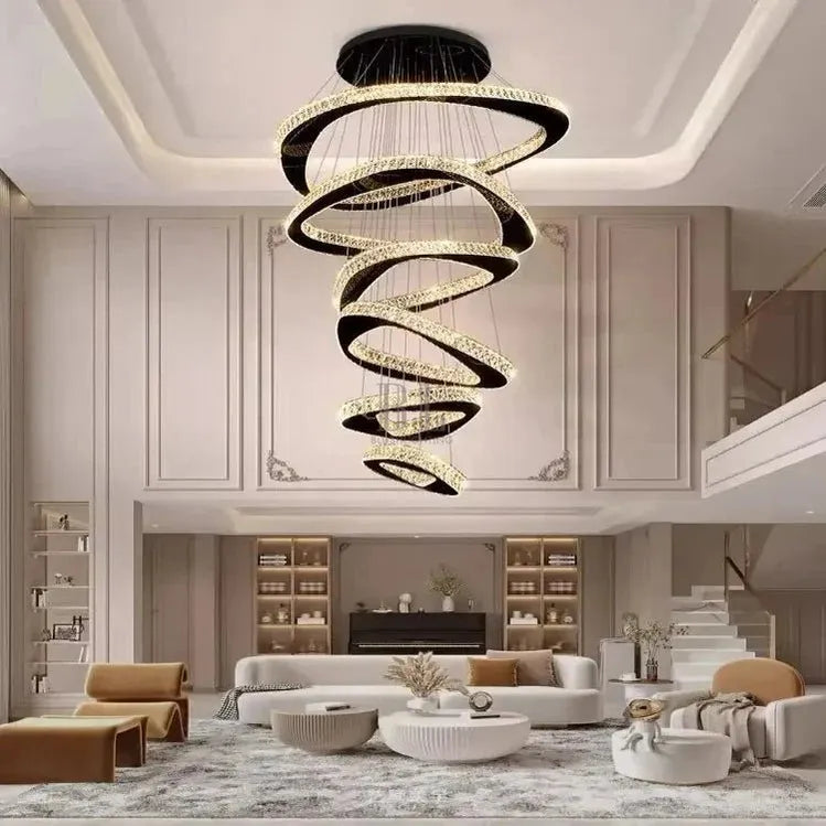Twisted Ring Led Light Chandelier for High Ceiling - BlackWarm Light 3000KCyranlamps