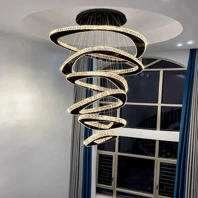 Twisted Ring Led Light Chandelier for High Ceiling - BlackWarm Light 3000KCyranlamps
